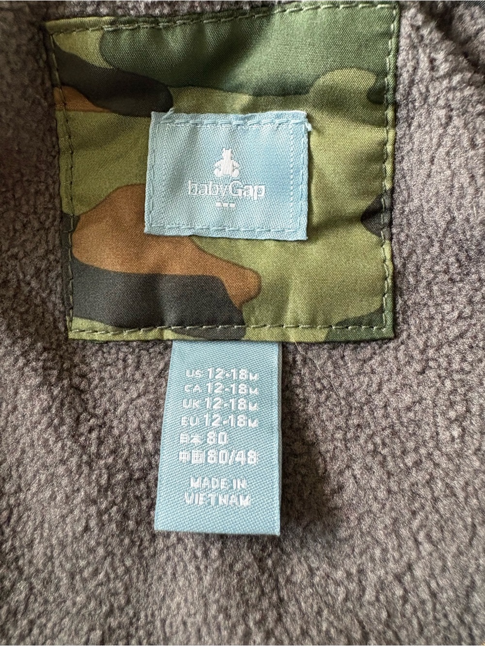 Baby Gap Camo Quilted Puffer Vest 12-18 Months Green Snap Front - Picture 4 of 6